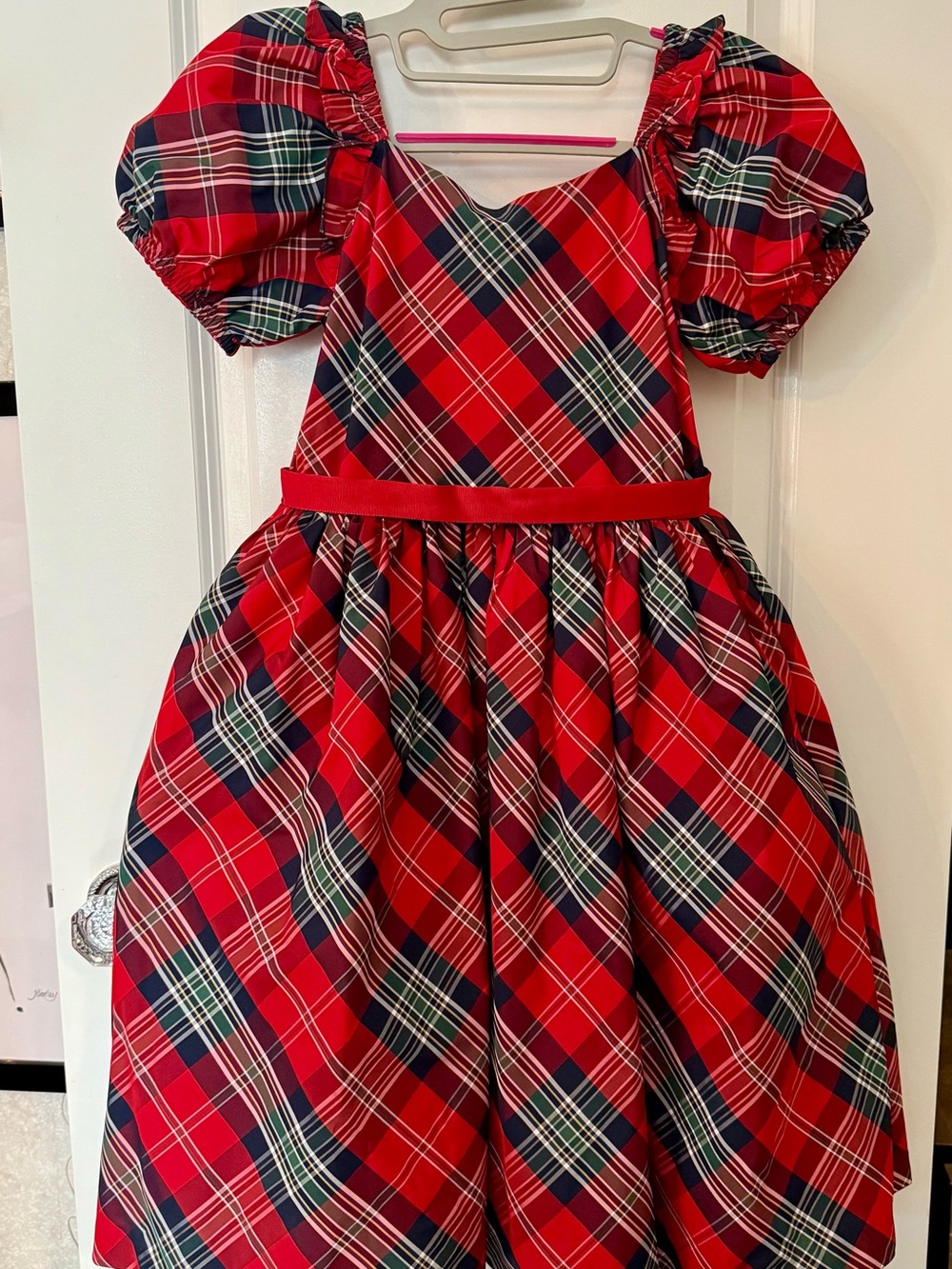 Janie and Jack Red Plaid Puff Sleeve Holiday Dress with Navy and Green Accents